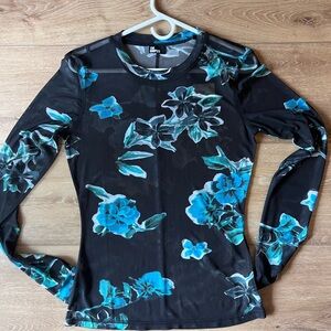 The Kooples Black Mesh Top With Blue Flowers Size 4
